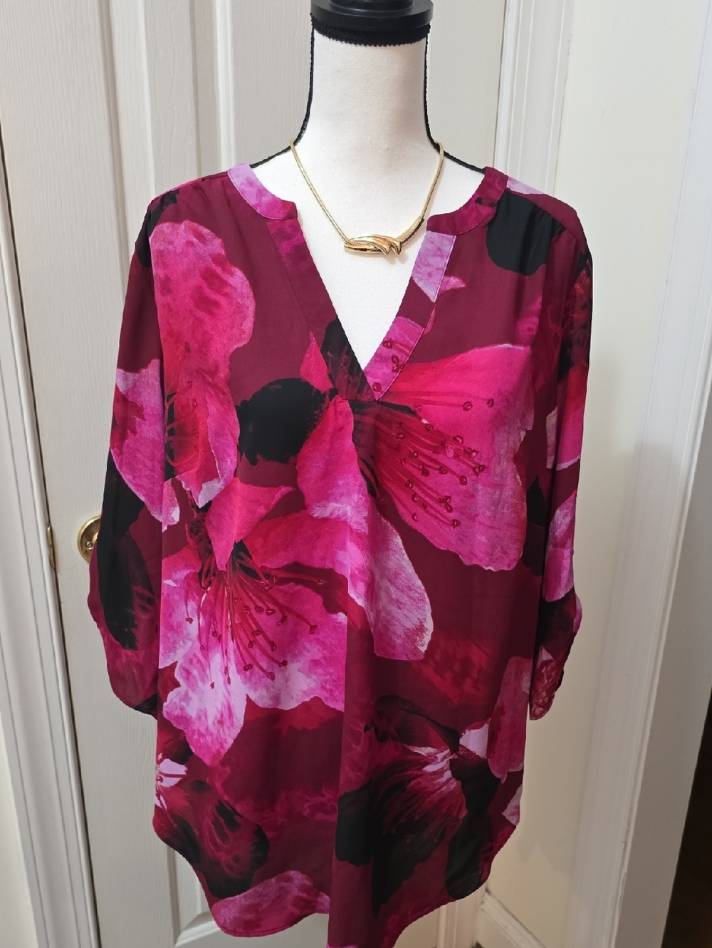 WORTHINGTON BRAND WOMEN'S RED AND PINK FLORAL 3/4 SLEEVES TUNIC TOP SIZE 0X